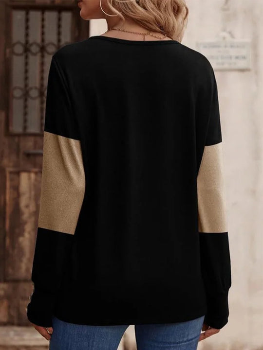 6 Color Blocked Striped Top Women's V-Neck Button Up Long Sleeve