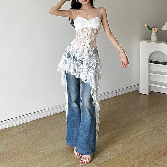 Women Dress Sexy Patchwork Mesh Strapless Irregular Waist Ruffled