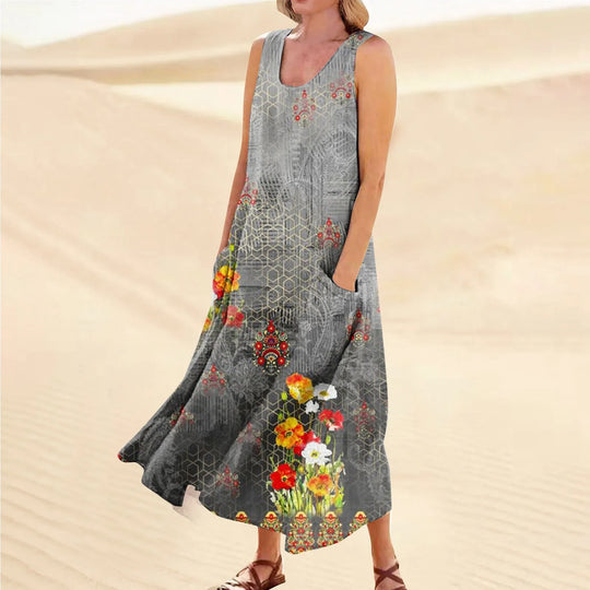 Women's Summer Casual Retro Dresses Beach Cover Up With Pockets Plus Size Loose Cotton Linen T-shirt Dress Beach Long Dress