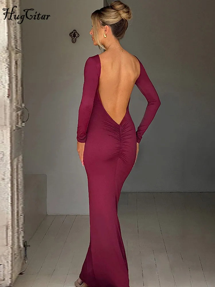 Hugcitar Spring Elegant Long Sleeve Backless Solid Cuched Sexy Bodycon