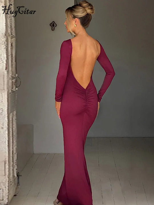 Hugcitar Spring Elegant Long Sleeve Backless Solid Cuched Sexy Bodycon