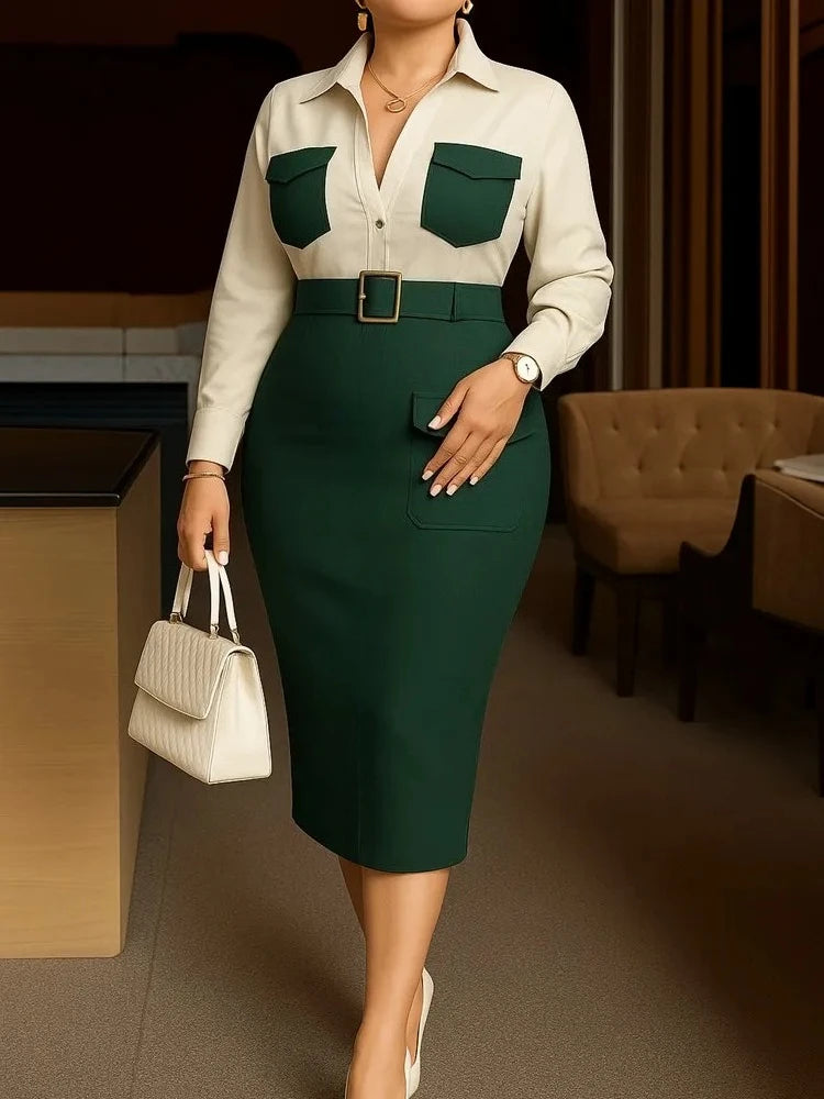 Elegant Church Dresses Long Sleeves Turn Down Collar Women Color Block Patchwork Office Ladies Work Business Autumn African New