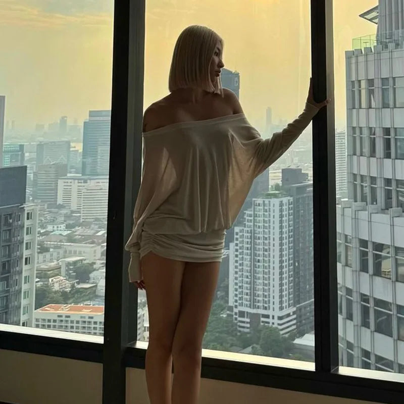 Cryptographic Fashion Off Shoulder Sheer Mini Dress Outfits for Women