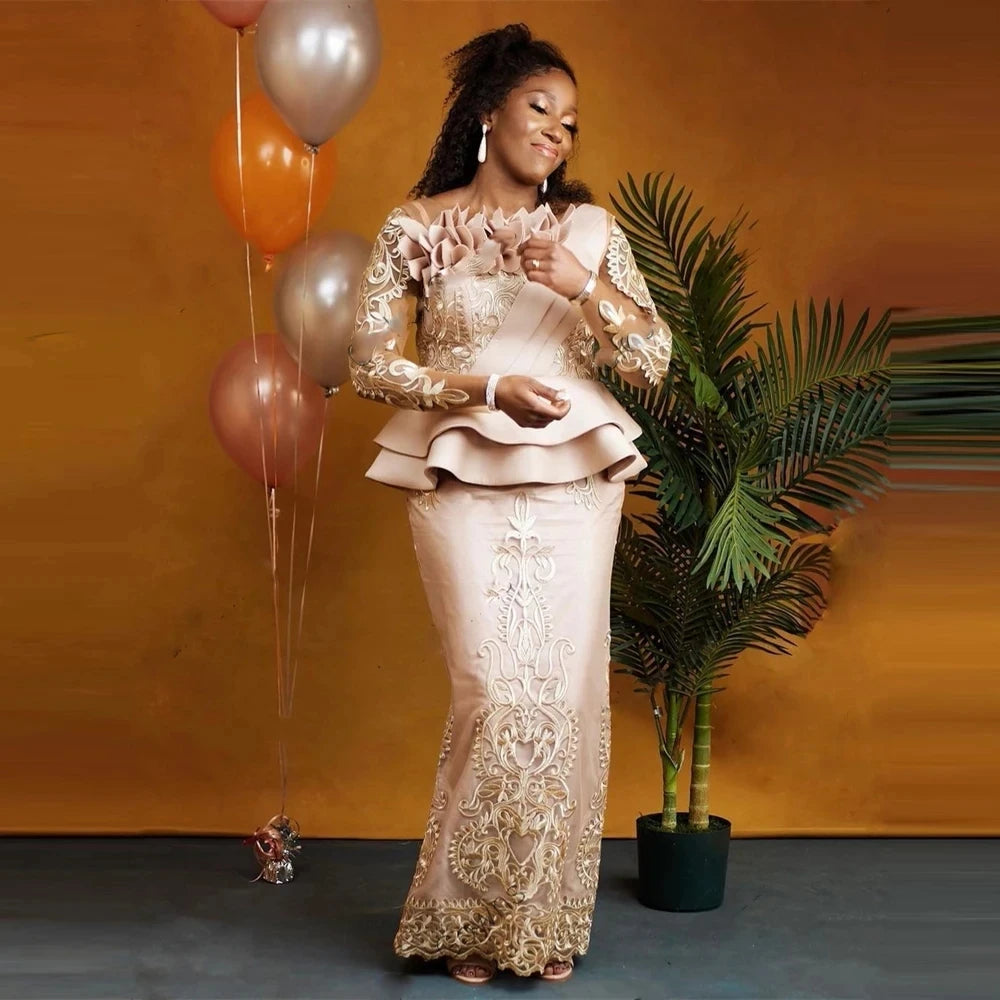 Curvy Long Sleeves Ruffles Peplum 3D Lace Appliques Mermaid Prom Dress African Evening Dresse