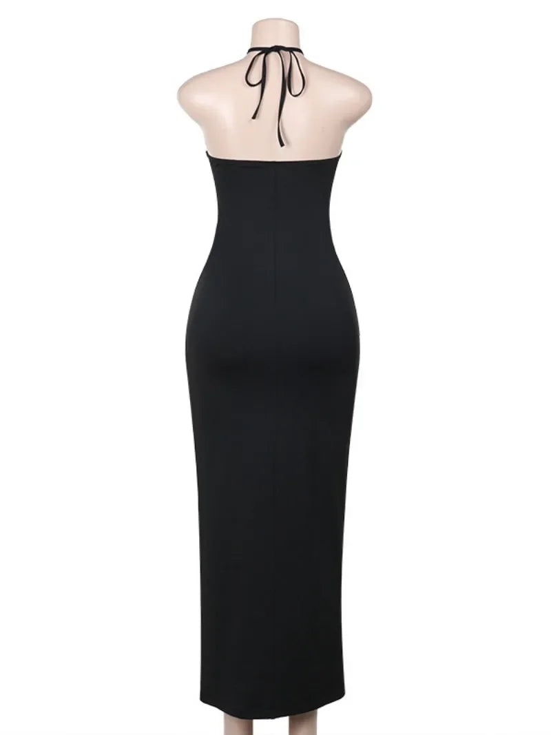 Mesh Patchwork Halter Neck Dresses for Women Sexy Lace-up Backless