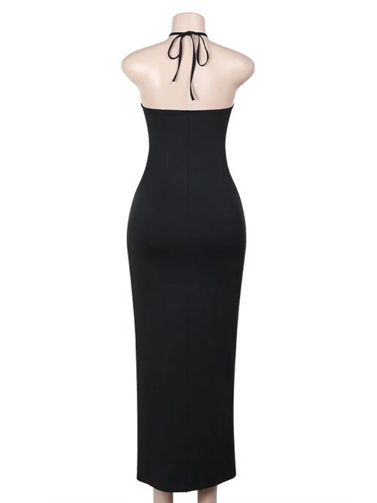 Mesh Patchwork Halter Neck Dresses for Women Sexy Lace-up Backless