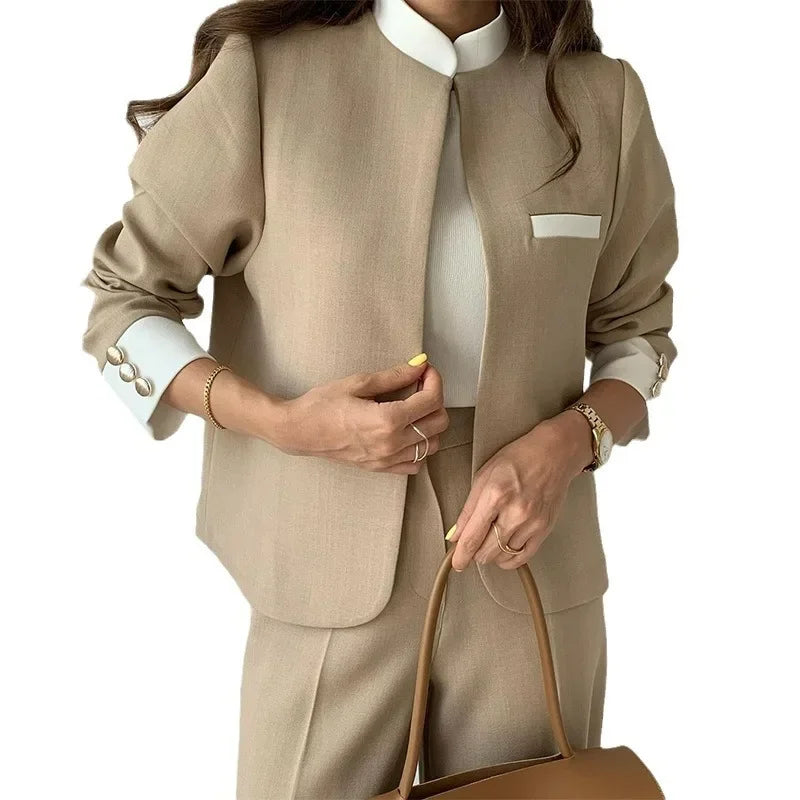 Pants Sets Two Piece Suit Elegant Women Blazer Cardigan Stand Collar