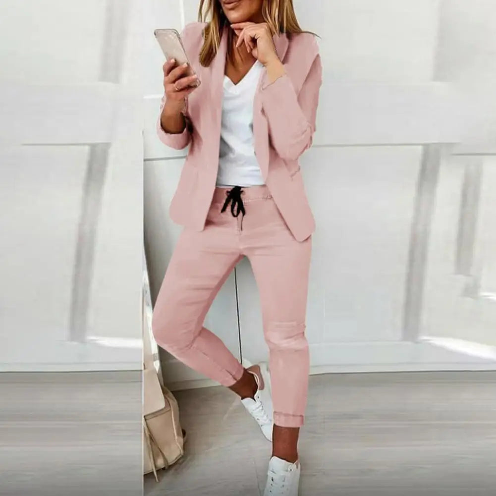 Stylish Suit Set Solid Color Female Open Stitch Blazer Elastic Waist