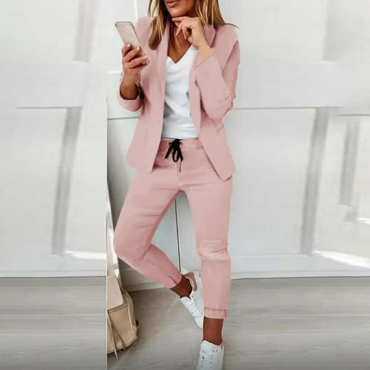 Stylish Suit Set Solid Color Female Open Stitch Blazer Elastic Waist