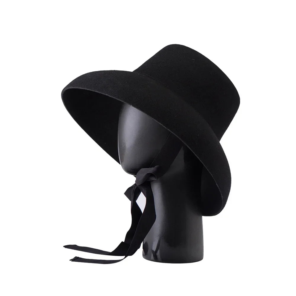 Vintage Elegant Autumn Winter Wool Felt Fedora Hat for Women Flat Top Wide Downturned Brim Hat with Tie Band Church Hat
