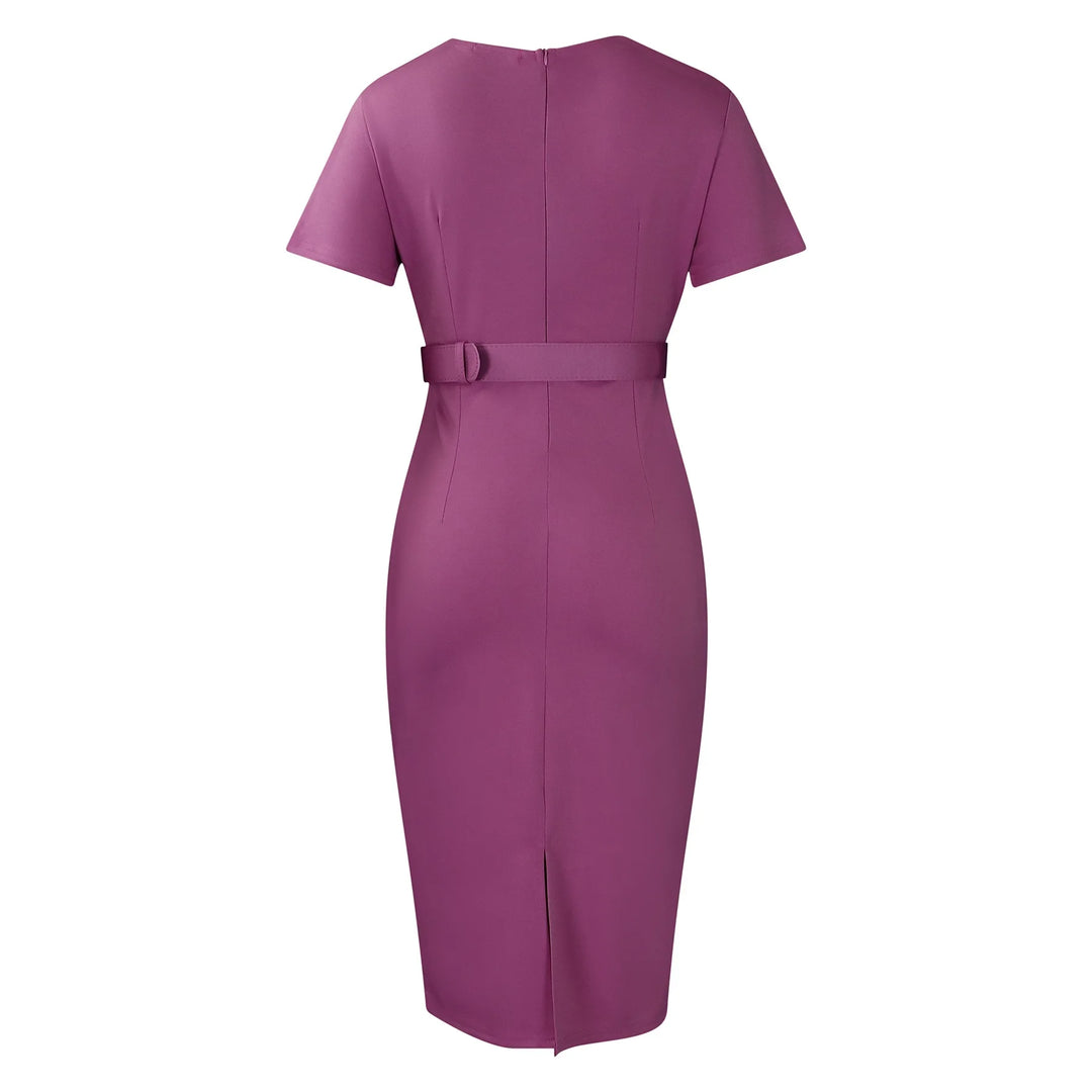 Elegant Office Dresses for Women V Neck Short Sleeve Belt Waisted Pleated Mid Calf Formal Business Work Wear Dress Midi Clothes