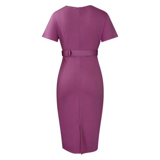 Elegant Office Dresses for Women V Neck Short Sleeve Belt Waisted Pleated Mid Calf Formal Business Work Wear Dress Midi Clothes