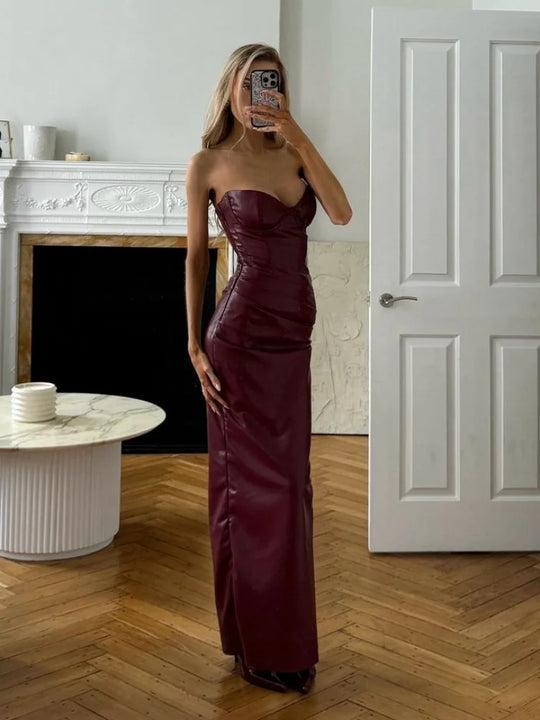Vintage Burgundy Red Sleeveless Backless Maxi Dress Fashion Bodycon