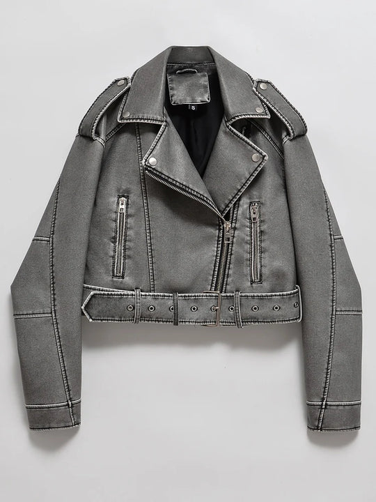 Ailegogo Women Vintage Loose Washed Faux Leather Short Jacket