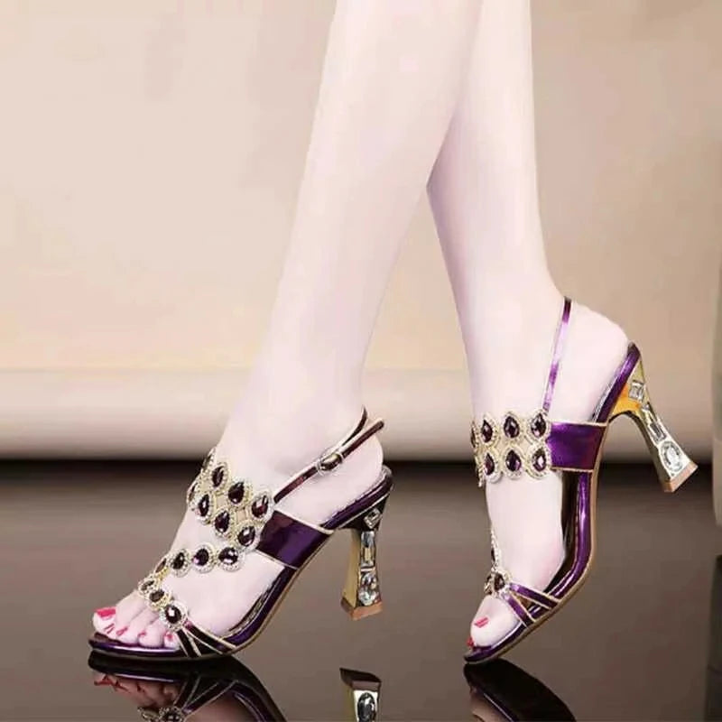 High Heels Sandals Women Summer Shoes Party Shoes Fashion Medium Heel Temperament Rhinestones Square Heel Leisure Sandals