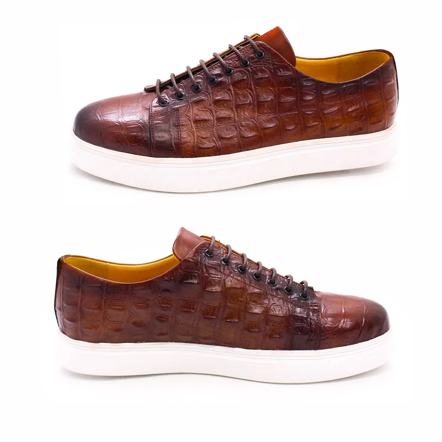 Men's Crocodile Leather Shoes Luxury Handmade Brown Casual Shoes Lace-up Flat Sneakers Banquet Daily Party Dating Men's Shoes
