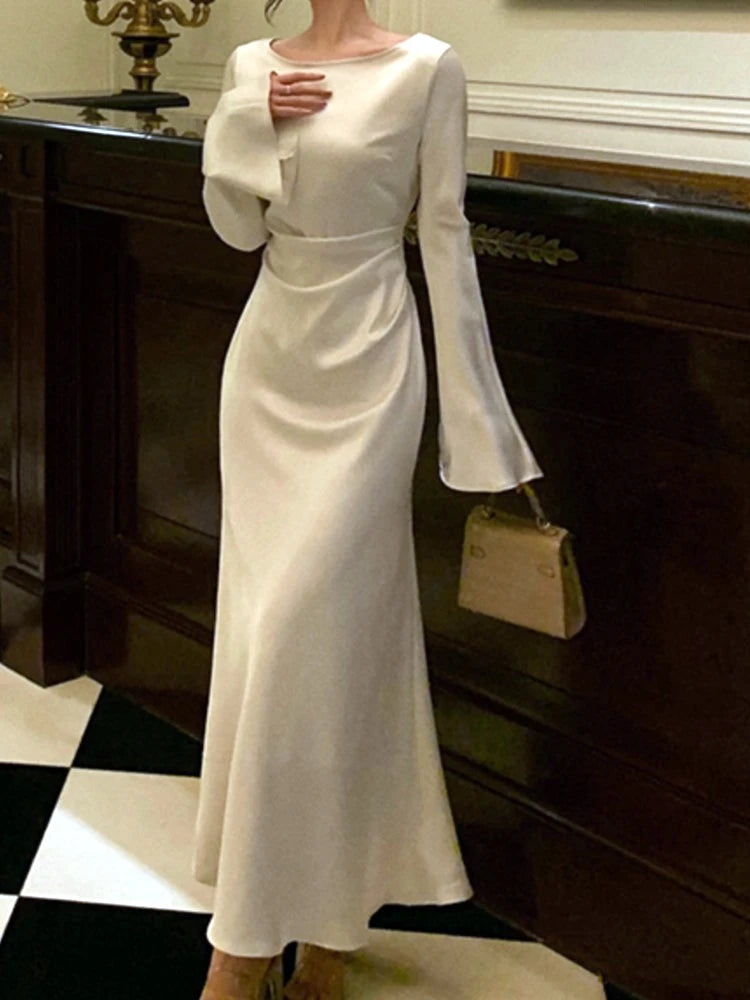 Autumn Elegant Solid Midi Dress Women Flare Sleeve Slim Mermaid Spring