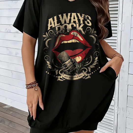 Women's Summer Loose Abstract Face Print Round Neck Short Sleeve Pocket Comfortable Casual Plus Size Dress
