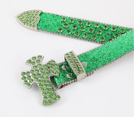 Glittering Rhinestone Belts Y2K Crystal Studded Belts For Men & Women Inspired Ice Belt BB With Cross Big Buckle