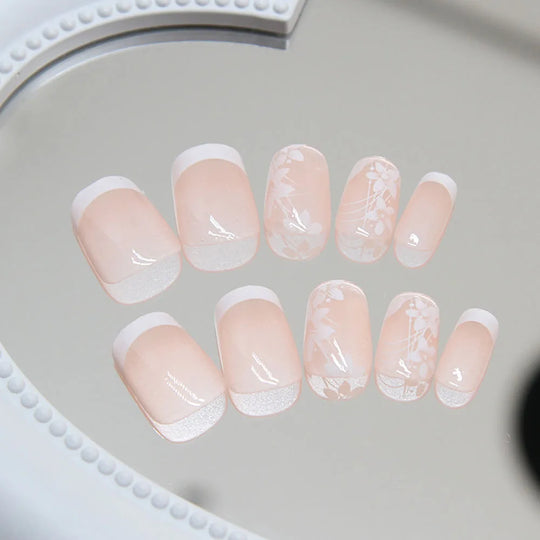 24pcs/set short saure fake nails for Spring summer season french style flowers butterfly design press on false nail art tips