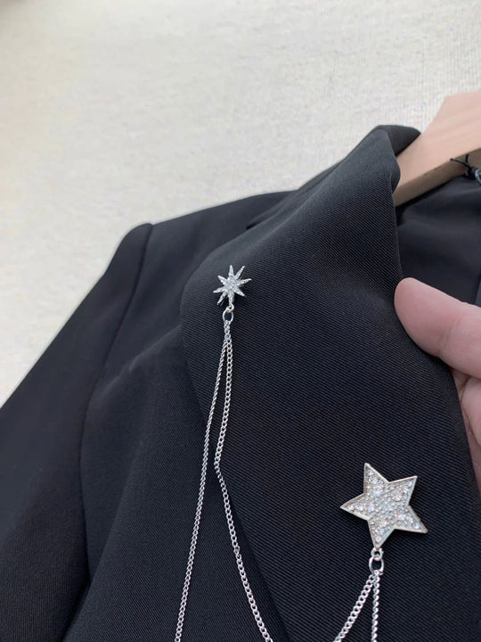 Women Black Diamonds Beaded Stars Tassels Blazers Coat Rhinestones