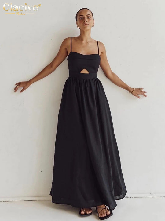 Clacive Sexy Loose Black Cotton Womens Dresses 2024 Summer Strap