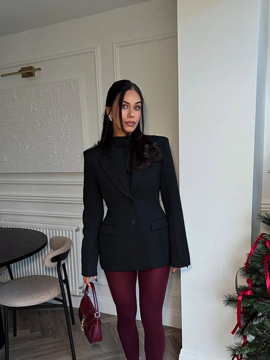 Classic Black Lapel High Waist Buttons Suit Overcoat Elegant Single