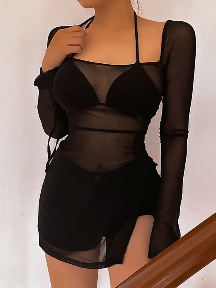 Square Collar Solid Mini Dress For Women Y2k Clothes Gauze Sexi Night