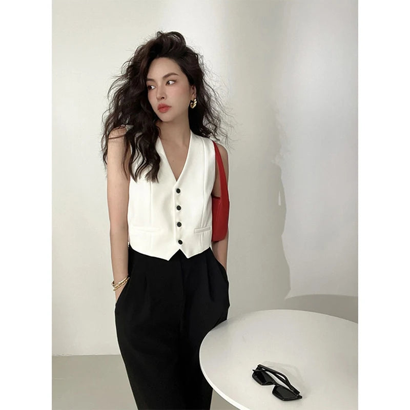 MEXZT Elegant Cropped Blazer Vest Women Vintage Black Suit Waistcoat