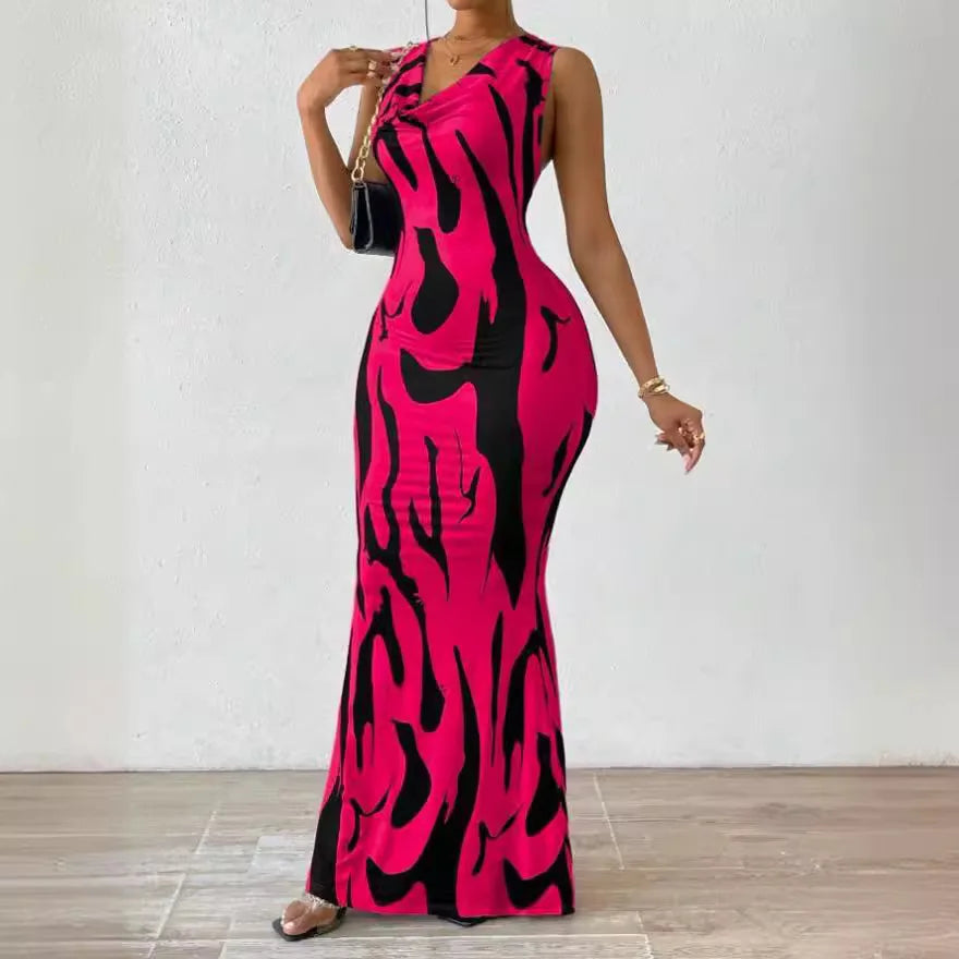Women Print Dress Sleeveless Splice Slim Fit Long Dresses Midi Waist