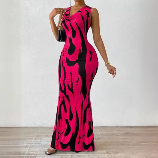 Women Print Dress Sleeveless Splice Slim Fit Long Dresses Midi Waist