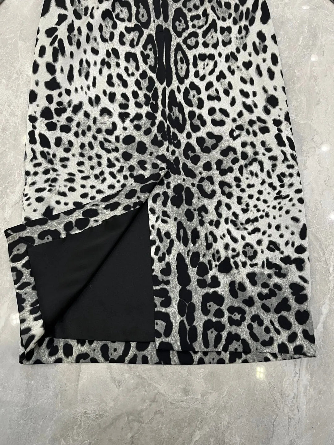 Elegant Women's Party Dress 100% Silk | Luxury Designer Black Leopard Print Midi | Evening Cocktail Gown