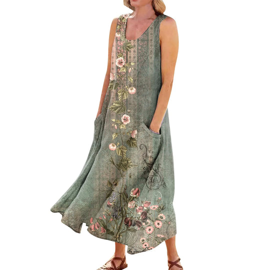 Women's Summer Casual Fashion  Printed Sleeveless Round Neck Pocket Dress