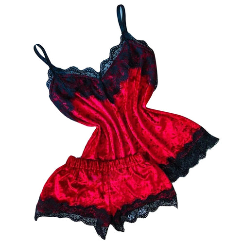 Sexy Lingerie Women Sleep Wear Camisole Bow Shorts V-Neck Tops Velvet