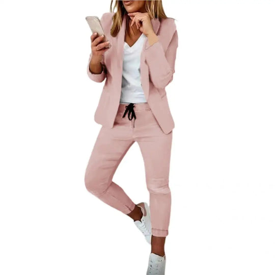 Stylish Suit Set Solid Color Female Open Stitch Blazer Elastic Waist