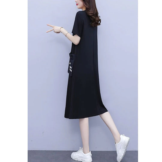 Fashion O-Neck Spliced Pockets Printed Letter Casual Dresses Women's Clothing 2024 Summer New Loose Commuter Short Sleeve Dress