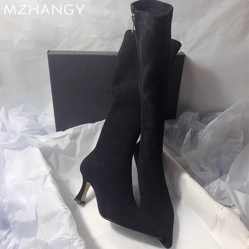 High Heels Women High Boots Suede Pointed Toe Elegant Knee High Shoes Woman Trend Fashion Sexy Pumps Party Chelsea Boots Mujer