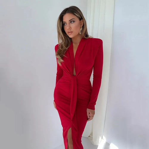 Women Sexy Split Ruched Dress Slim Long Sleeve Wrap Bodycon Dress