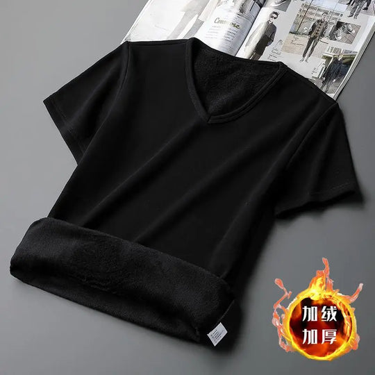 Plus Velvet Thickening short Sleeve Men T-Shirt V-neck Soft Warm