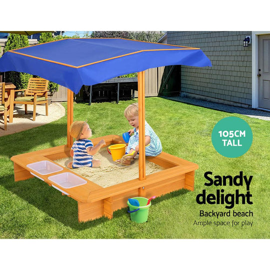 Keezi Kids Sandpit Wooden Sandbox Sand Pit with Canopy Water Basin