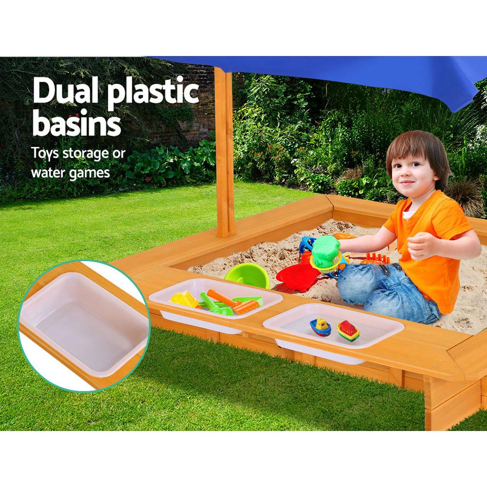 Keezi Kids Sandpit Wooden Sandbox Sand Pit with Canopy Water Basin