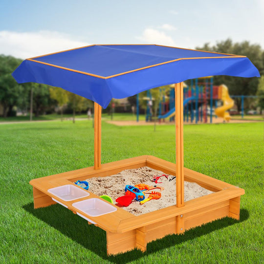 Keezi Kids Sandpit Wooden Sandbox Sand Pit with Canopy Water Basin