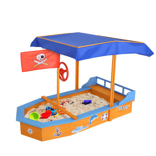 Keezi Kids Sandpit Wooden Boat Sand Pit with Canopy Bench Seat Beach