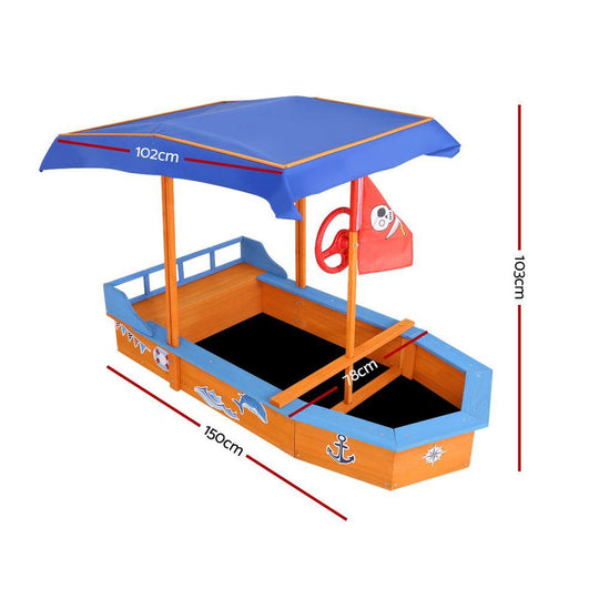 Keezi Kids Sandpit Wooden Boat Sand Pit with Canopy Bench Seat Beach