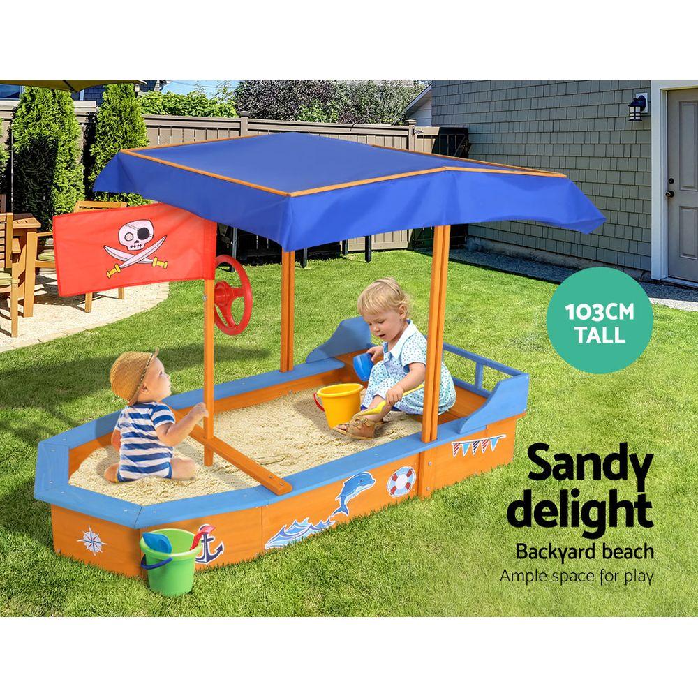 Keezi Kids Sandpit Wooden Boat Sand Pit with Canopy Bench Seat Beach