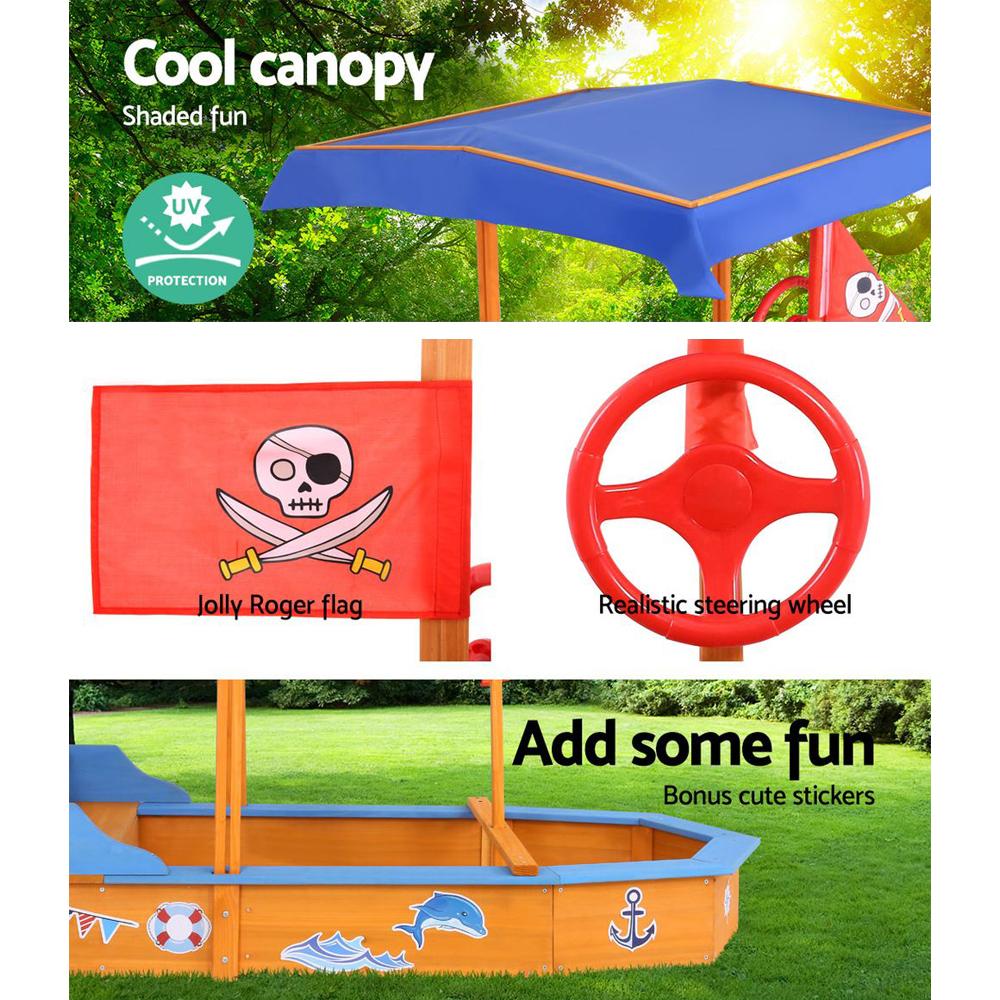 Keezi Kids Sandpit Wooden Boat Sand Pit with Canopy Bench Seat Beach