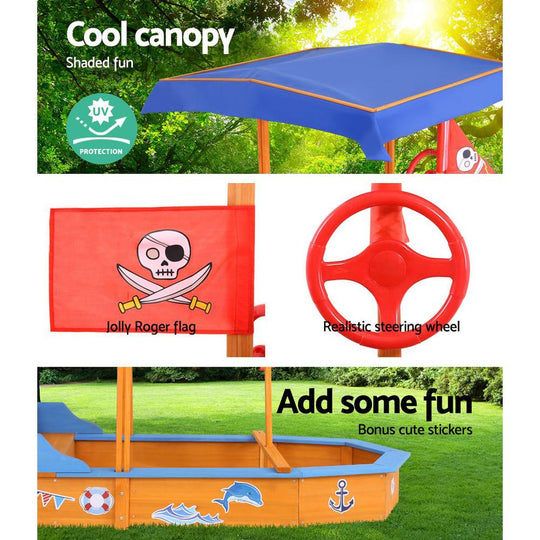 Keezi Kids Sandpit Wooden Boat Sand Pit with Canopy Bench Seat Beach