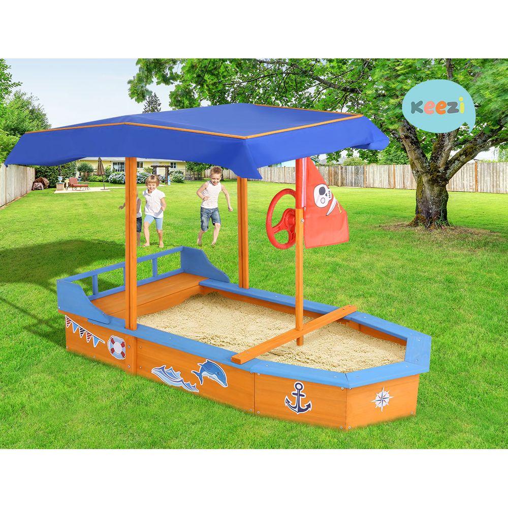 Keezi Kids Sandpit Wooden Boat Sand Pit with Canopy Bench Seat Beach