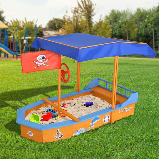 Keezi Kids Sandpit Wooden Boat Sand Pit with Canopy Bench Seat Beach