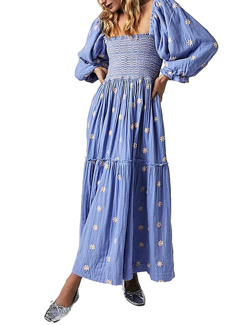 Women's Flower Embroidered Long Dress Bodycon Lantern Sleeve Square
